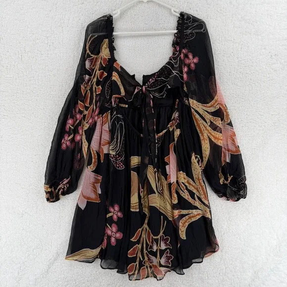 Anthropologie‎ Let Me Be Babydoll Dress Womens Petite Small PS Black Floral NWT - Picture 3 of 14